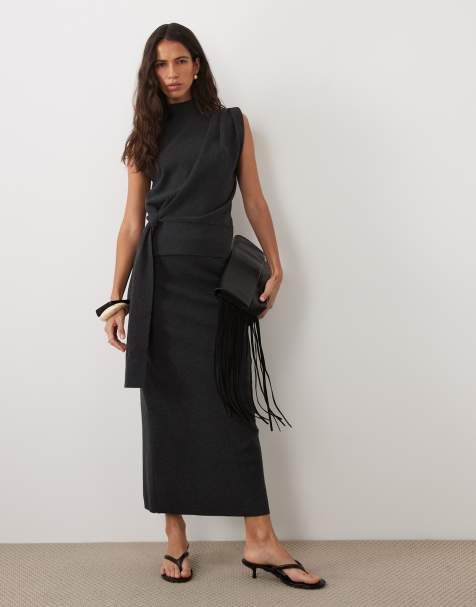 ASOS DESIGN - Ensemble en maille avec jupe mi-longue et top cache-cœur sans manches à détail noué - Anthracite - view 1