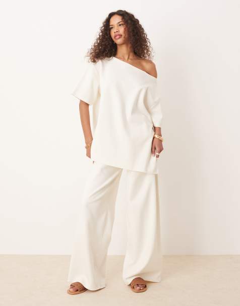 ASOS DESIGN - Ensemble en maille interlock avec pantalon et sweat à épaules dénudées - Lait de coco - view 1