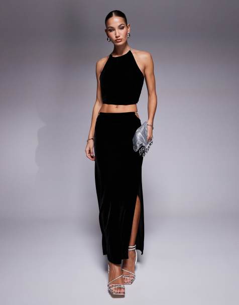 ASOS DESIGN - Ensemble en velours avec top à encolure américaine et bordure à strass et jupe mi-longue - Noir - view 1