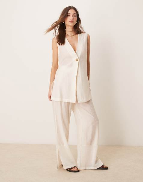 ASOS DESIGN - Ensemble gilet de costume et pantalon large en tissu texturé transparent - Blanc cassé - view 1