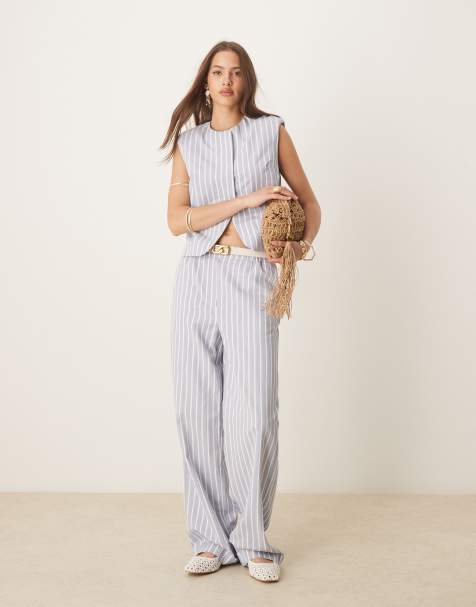 ASOS DESIGN - Ensemble gilet de tailleur coupe carrée et pantalon en lin mélangé - Bleu et blanc à rayures - view 1