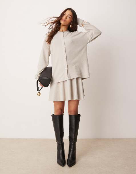 ASOS DESIGN - Ensemble gilet long et mini-jupe en maille brossée - Crème - view 1