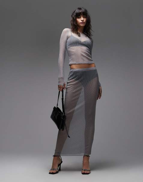 ASOS DESIGN - Ensemble jupe et top en maille métallisée semi-transparente - Argenté - view 1