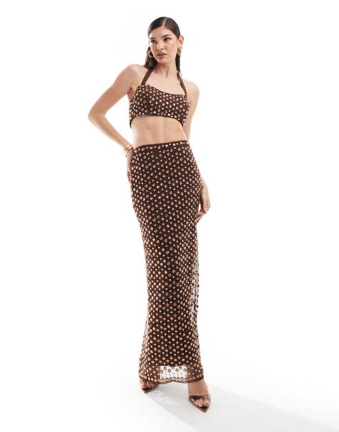 ASOS DESIGN - Ensemble jupe longue à ornements de qualité supérieure et crop top - Chocolat - view 1