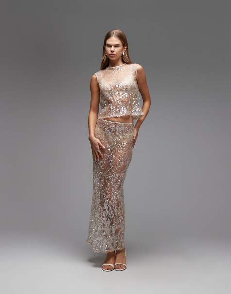 ASOS DESIGN - Ensemble jupe longue et débardeur en tulle transparents ornés de sequins - Or rose - view 1