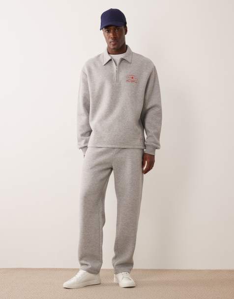 ASOS DESIGN - Ensemble pantalon de jogging droit avec étiquette tissée et sweat à col polo zippé - Gris chiné - view 1