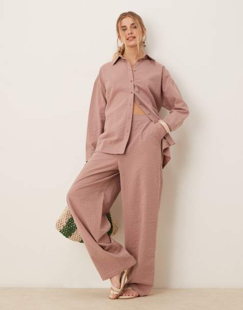 ASOS DESIGN - Ensemble pantalon décontracté à enfiler et chemise à rayures en crêpe - Vison - view 1
