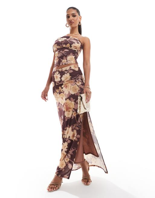 ASOS DESIGN - Ensemble près du corps avec jupe longue et top asymétrique à fronces et imprimé fleuri - Marron