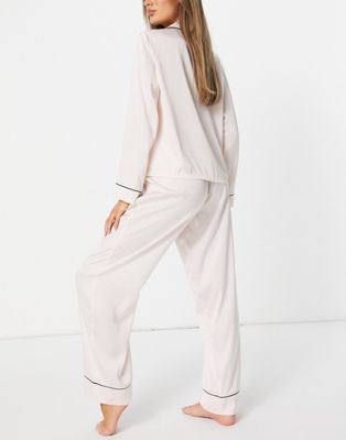 Lingerie et pyjamas Ensemble pyjama avec chemise à manches longues et pantalon en satin - Rose