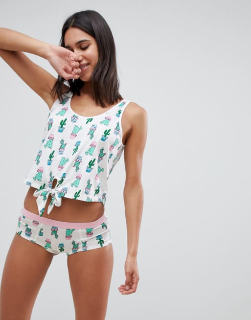 ASOS DESIGN Ensemble pyjama avec d bardeur et culotte motif cactus