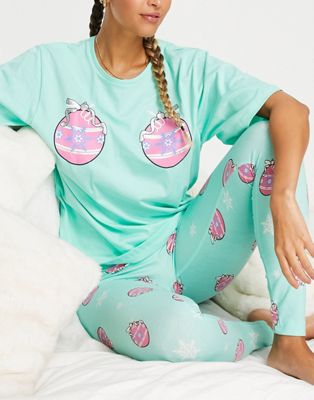 ASOS DESIGN Christmas bauble boob oversized tee & legging pyjama set in mint - ASOS Price Checker