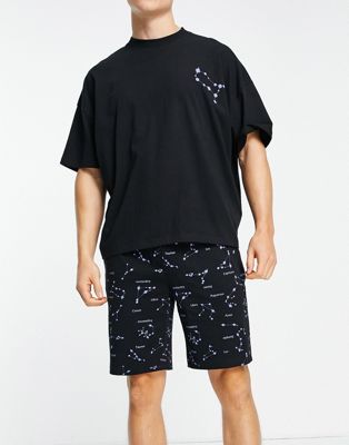 Pyjamas Ensemble pyjama confort avec t-shirt et short à imprimé signe du zodiaque - Noir