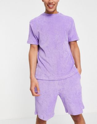 Loungewear Ensemble pyjama confort avec t-shirt et short en tissu éponge - Violet