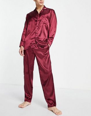 Homme Ensemble pyjama confort en satin avec chemise et pantalon - Bordeaux