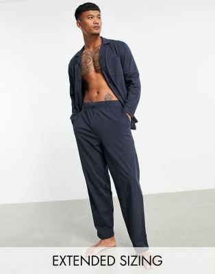 ASOS DESIGN pyjama set with long sleeve shirt and trousers in navy jersey - ASOS Price Checker