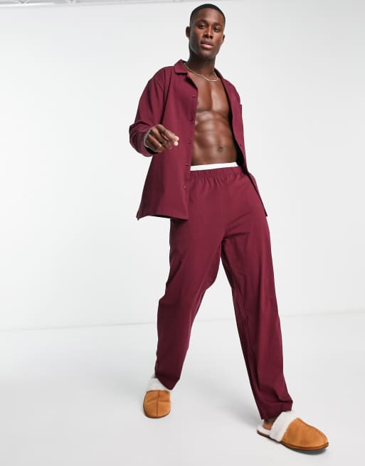 ASOS DESIGN - Ensemble pyjama en jersey avec chemise à manches longues et pantalon - Bordeaux