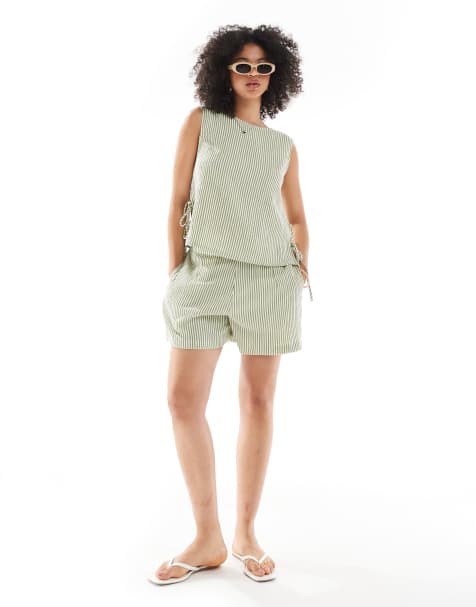 ASOS DESIGN - Ensemble texturé à rayures avec top habillé noué sur les côtés et short - Kaki - view 1
