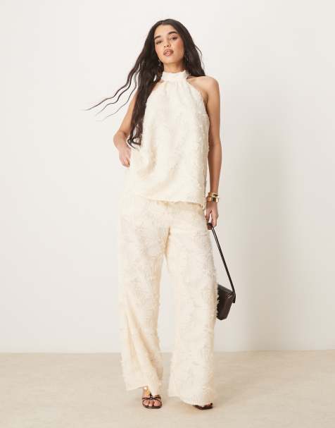 ASOS DESIGN - Ensemble top ajusté dos nu et pantalon en tissu texturé - Babeurre - view 1