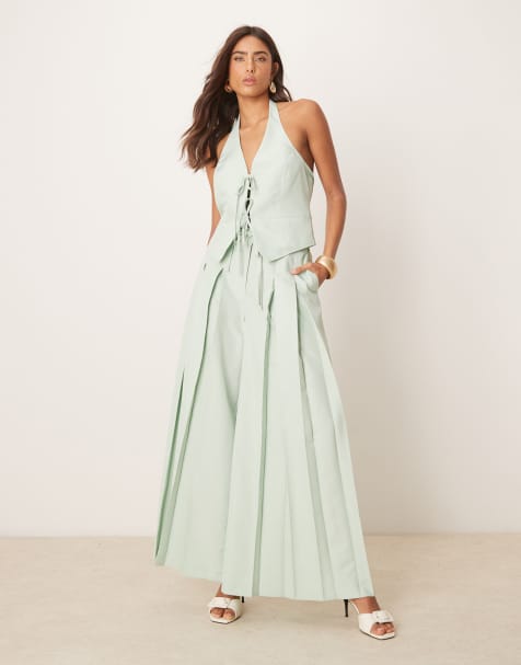 ASOS DESIGN - Ensemble top ajusté noué devant à encolure américaine et pantalon - Écume - view 1