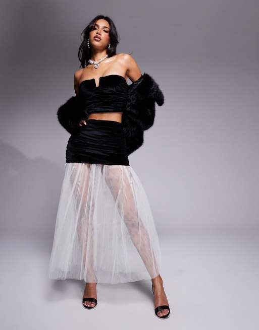 ASOS DESIGN - Ensemble top bandeau froncé en velours à finition et jupe - Noir
