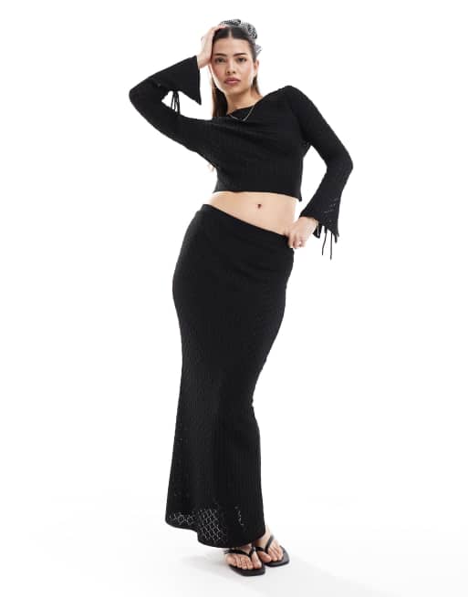 ASOS DESIGN - Ensemble top et jupe longue en maille pointelle - Noir