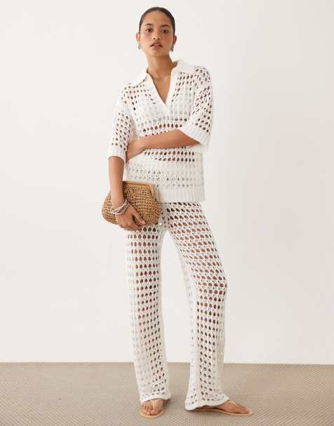 ASOS DESIGN - Ensemble top manches courtes avec col et pantalon large - Crème - view 1