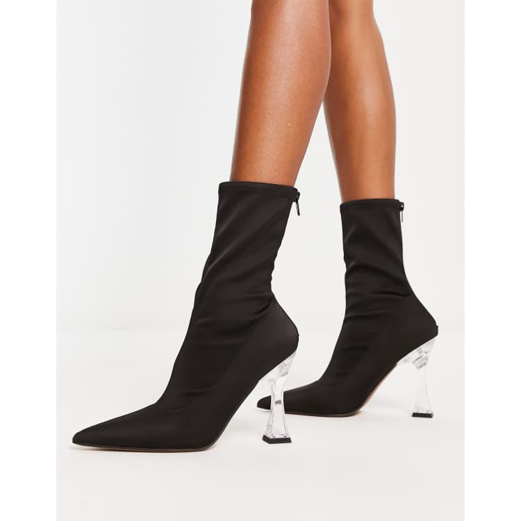 ASOS DESIGN Enterprise heeled sock boots in black with clear heel