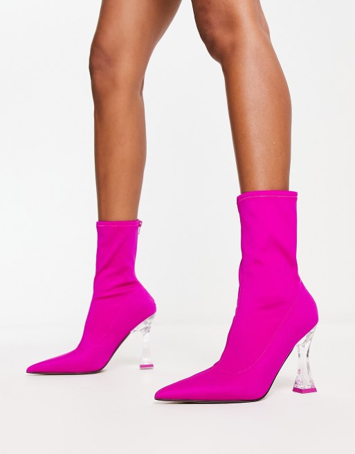 ASOS DESIGN Enterprise heeled sock boots in pink with clear heel