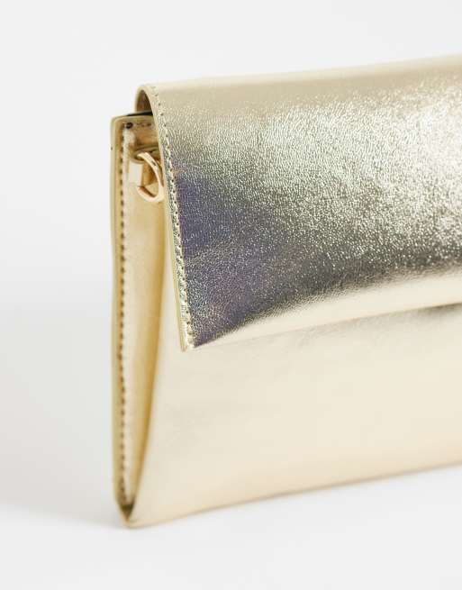 ASOS DESIGN envelope clutch cross body bag with detachable chain strap  in gold, 3 of 4