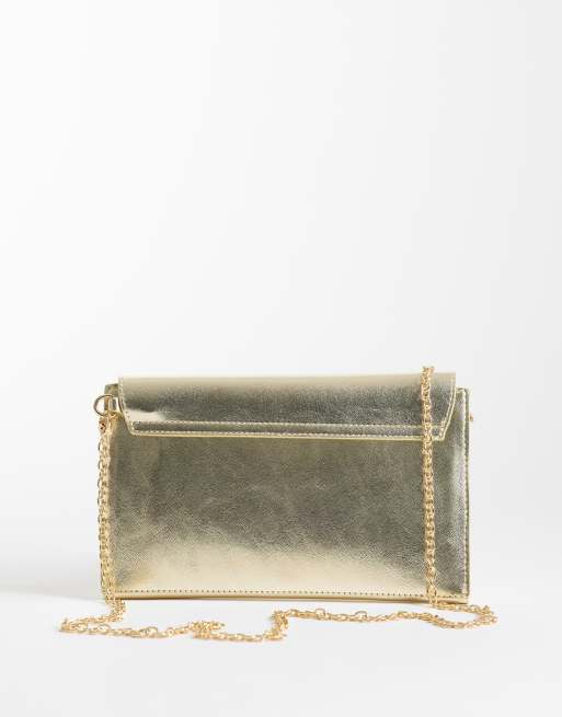 ASOS DESIGN envelope clutch cross body bag with detachable chain strap  in gold, 4 of 4