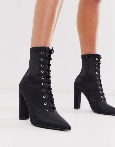 ASOS DESIGN - Equals - Bottines lacées à talon carré - Satin noir