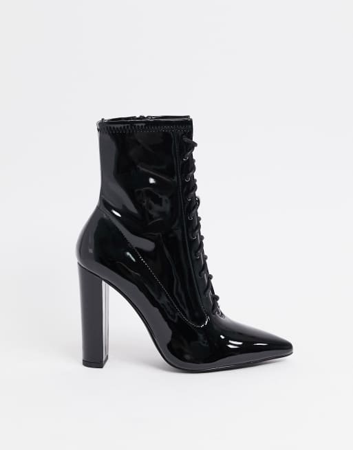 asos design christa flatform knee boots in black patent