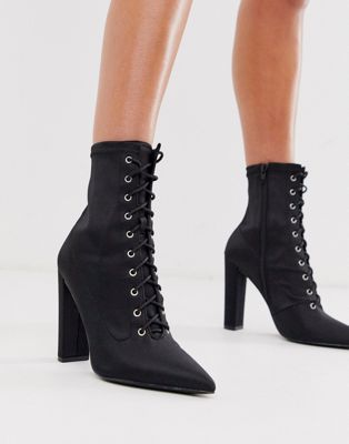 ASOS DESIGN Equals lace up block heel boots in black satin | ASOS