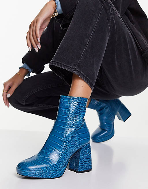 ASOS DESIGN Era high heel platforms boots in blue croc | ASOS