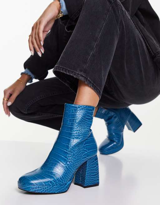 ASOS DESIGN Era high heel platforms boots in blue croc