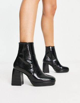 Asos Design Wide Fit Era High-heeled Platform Boots In Black Croc