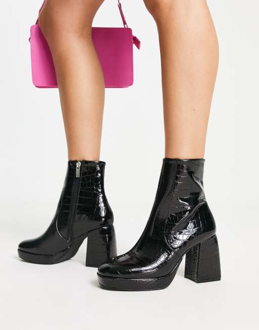 ASOS DESIGN Era high-heeled platforms boots in black croc | ASOS