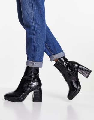 ASOS DESIGN ERA HIGH-HEELED PLATFORMS BOOTS IN BLACK CROC,ASOS DESIGN BLACK