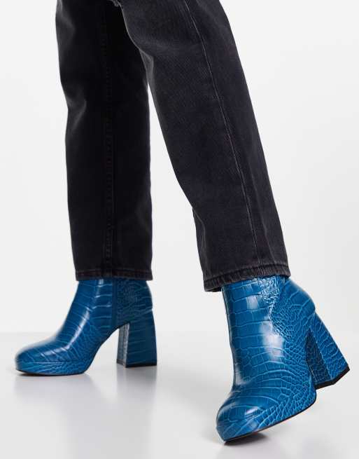 ASOS DESIGN Era high-heeled platforms boots in blue croc | ASOS