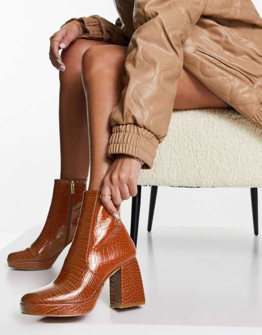 ASOS DESIGN Era high heeled platforms boots in tan croc