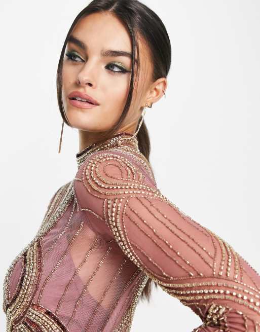 ASOS DESIGN ergonomic embellished mini dress in blush