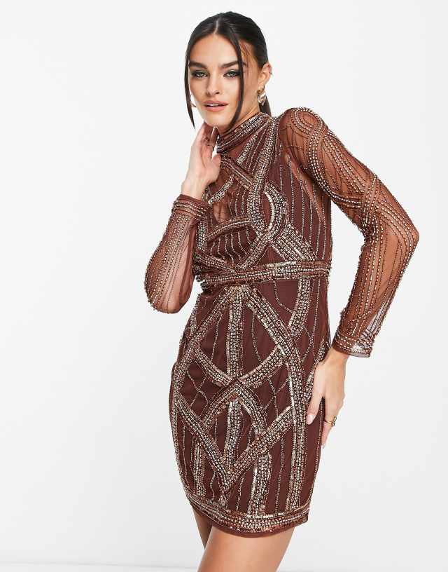 ASOS DESIGN ergonomic embellished mini dress in chocolate