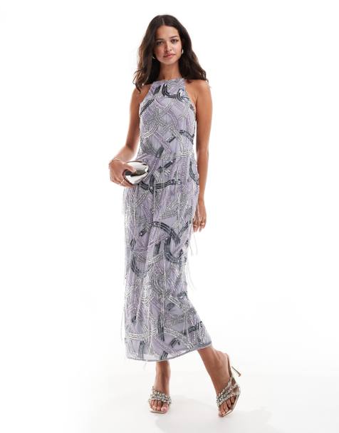 ASOS DESIGN ergonomic embellished racer midi dress in soft lilac - view 1