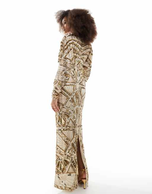 ASOS DESIGN – Ergonomic – Verziertes Maxikleid mit Fledermausärmeln in Gold, 3 von 4