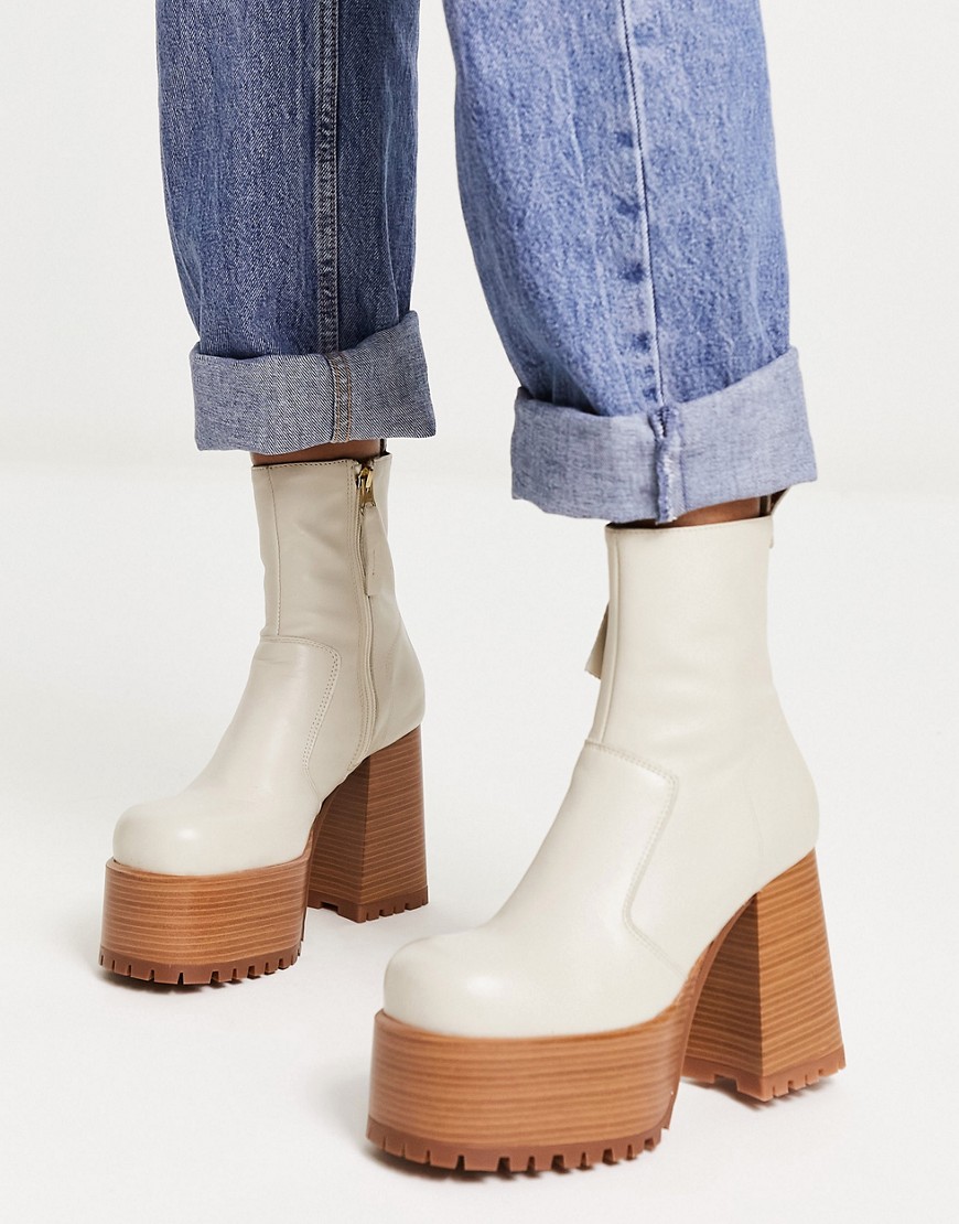 ASOS DESIGN Erika premium leather platform boots in off white