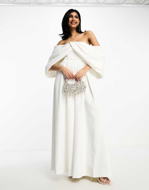 ASOS DESIGN Erin Combinaison de mariage drap e paules d nud es Blanc