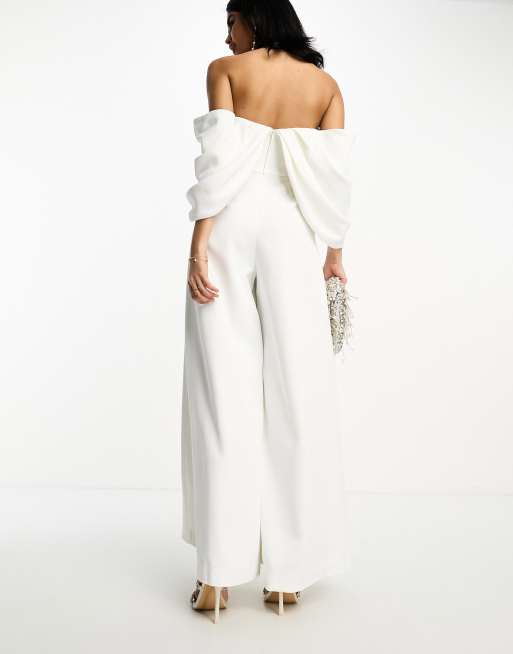 ASOS DESIGN Erin Combinaison de mariage drap e paules d nud es Blanc