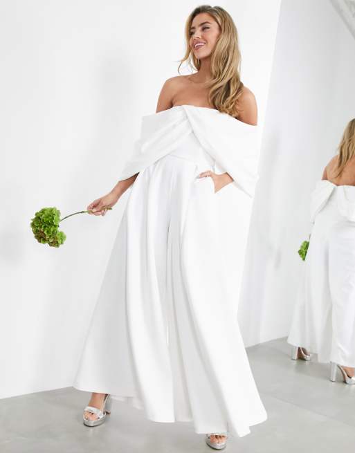 ASOS DESIGN Erin Combinaison de mariage drapee a epaules denudees Blanc