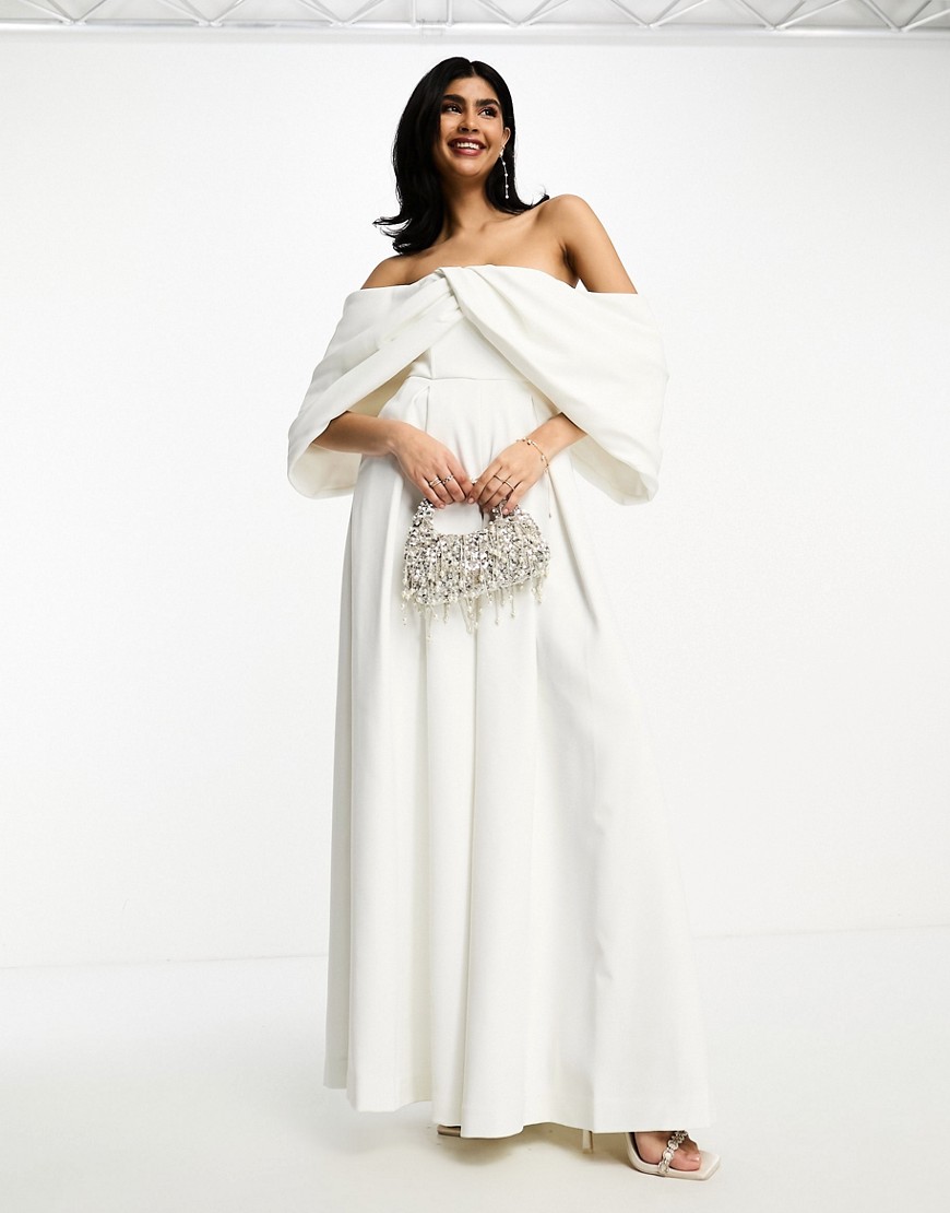 ASOS DESIGN Erin off shoulder drape wedding jumpsuit -White