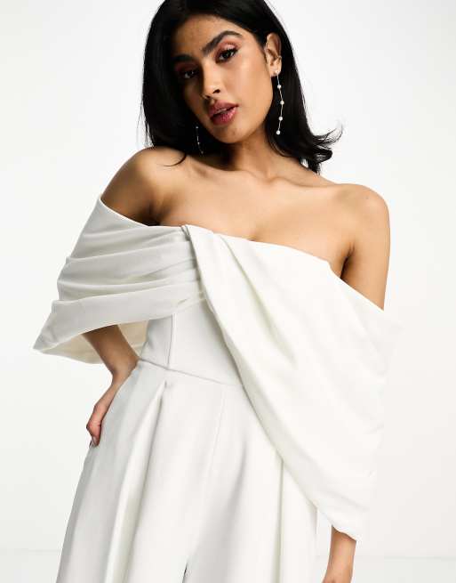 ASOS DESIGN Erin off shoulder drape wedding jumpsuit -